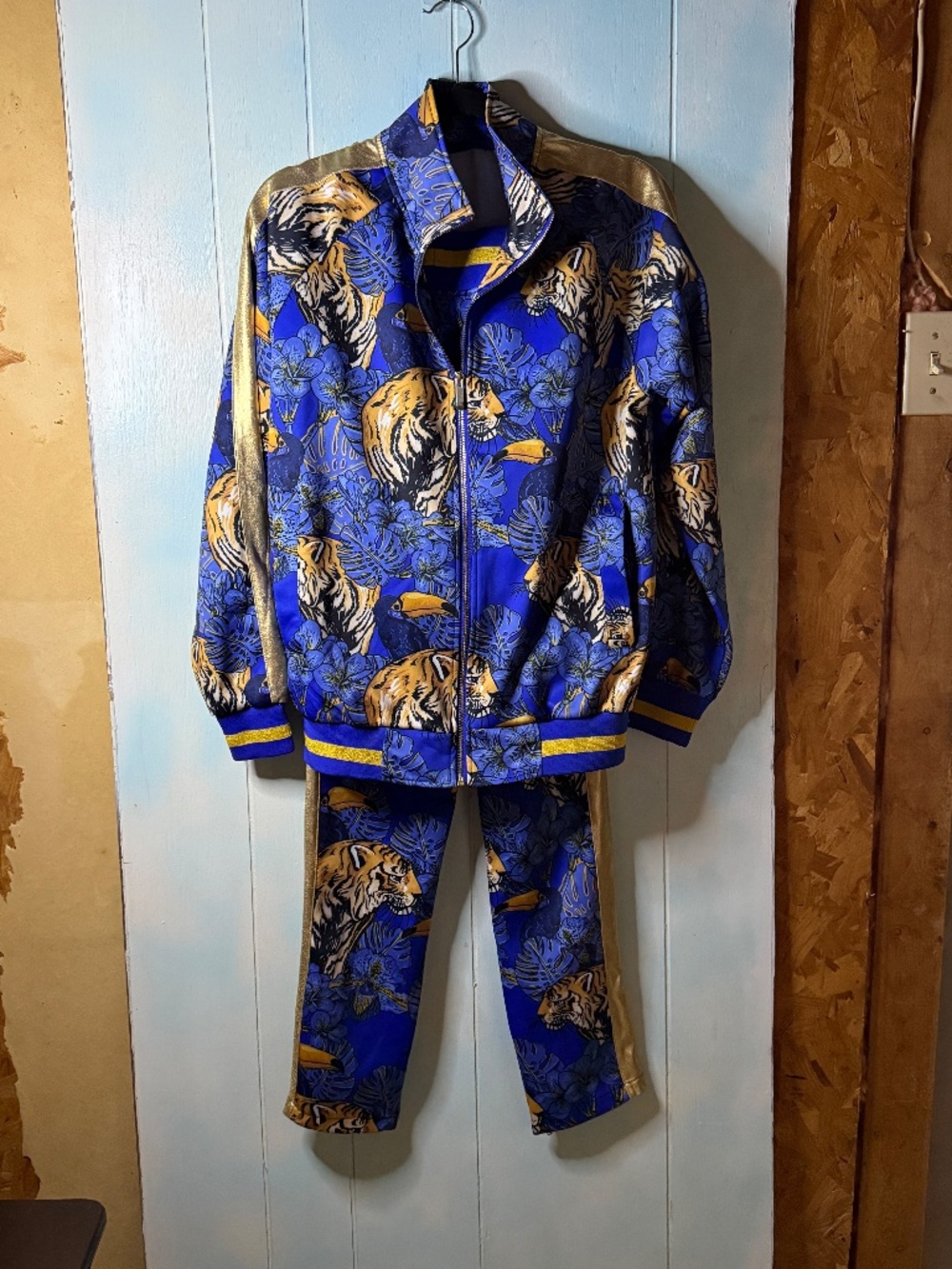 G-Style Men's Tiger Jungle Print Blue and Gold Jogging Track Suit Size Small